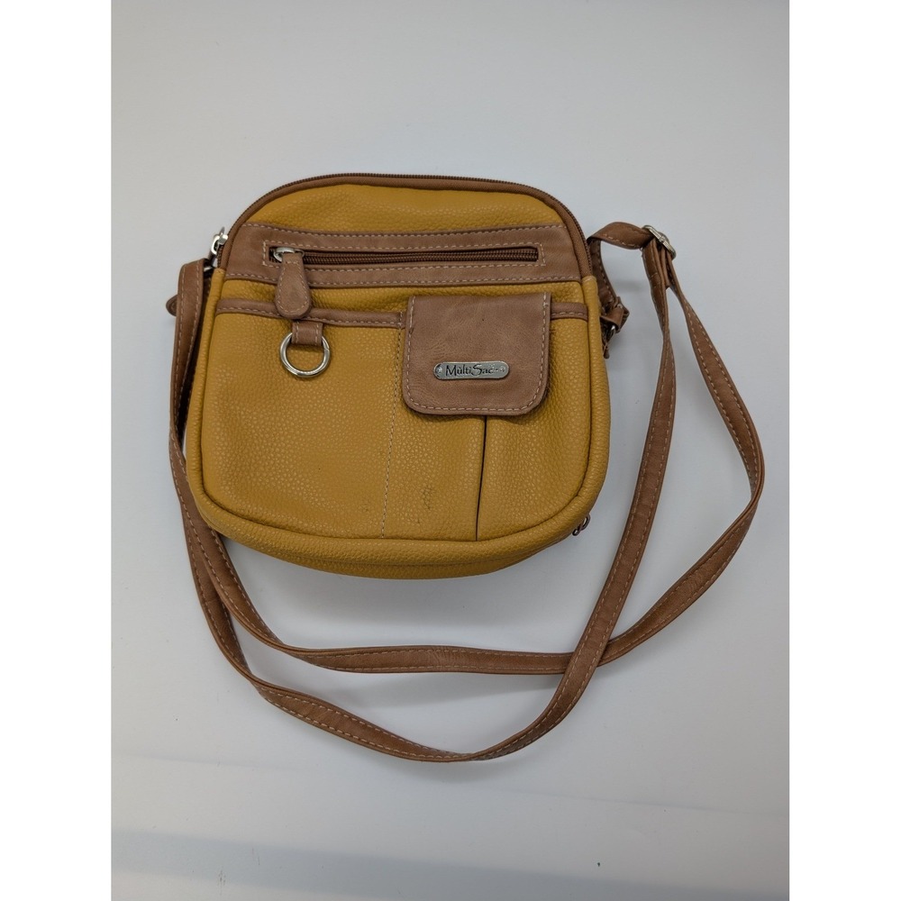MultiSac Mustard Yellow & Tan Pebbled Vegan Leather Crossbody Organizer Bag